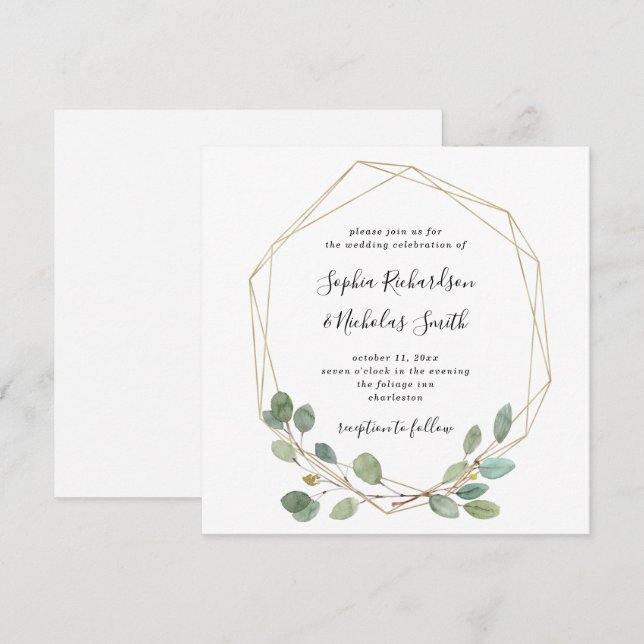 Invitación Verde eucalipto simple | Boda geométrico (Anverso / Reverso)