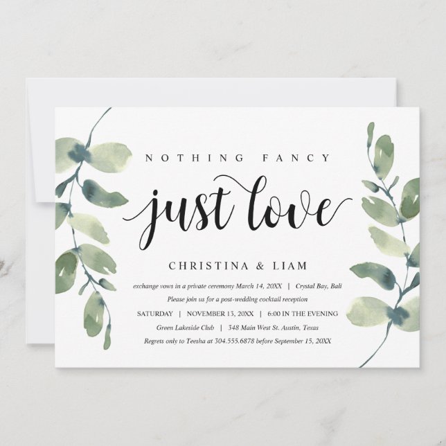 Invitación Verde Eucalipto, Tinta Negra, Huida de Novios (Anverso)