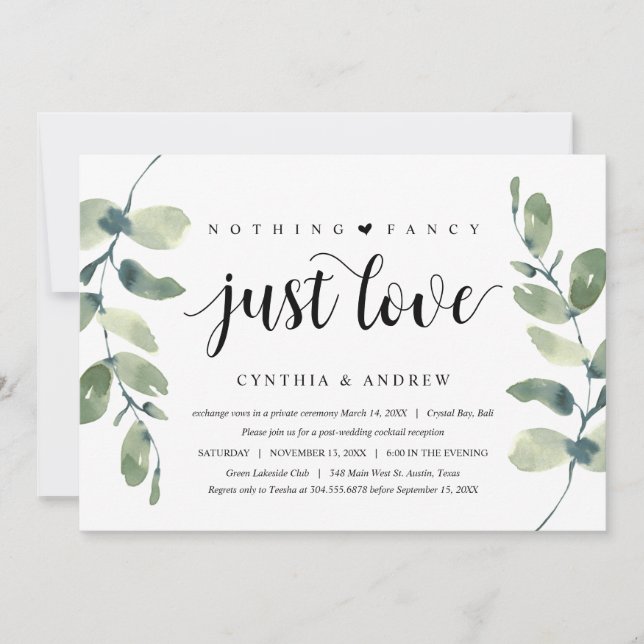 Invitación Verde Eucalipto, Tinta Negra, Huida de Novios (Anverso)