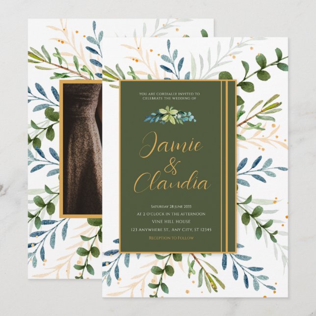 Invitación verde Eucalyptus boda de follaje (Anverso / Reverso)
