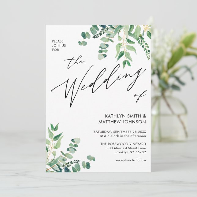 Invitación Verde Eucalyptus Moderno Todo En Un Boda (Anverso de pie)