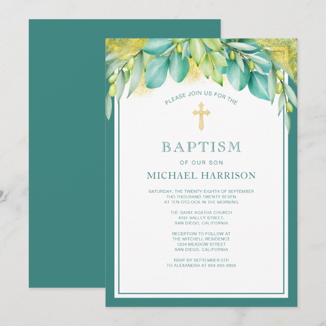 Invitación Verde Eucalyptus Olive Género Bautismo Neutral (Anverso / Reverso)