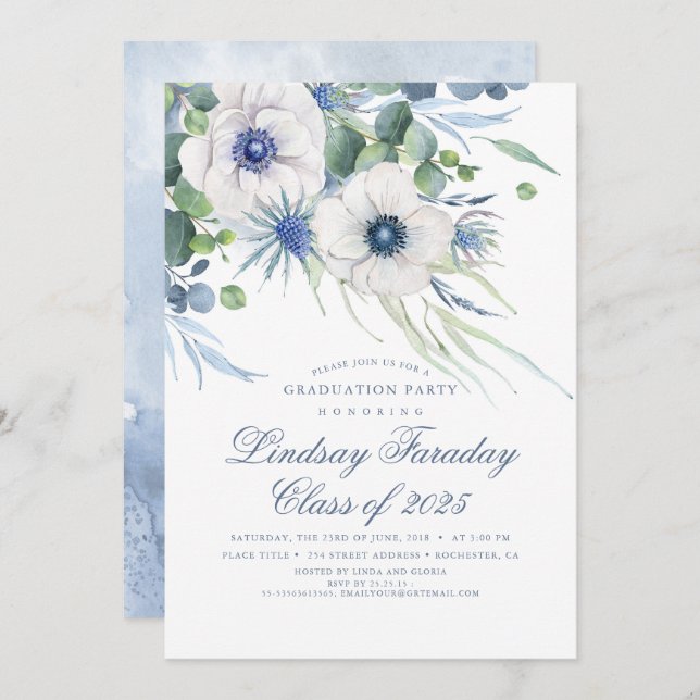 Invitación Verde Floral Azul Dusty Elegante Graduación (Anverso / Reverso)