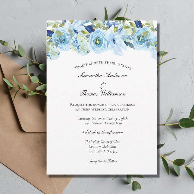 Invitación Verde Floral Azul Elegante Boda moderno (Subido por el creador)