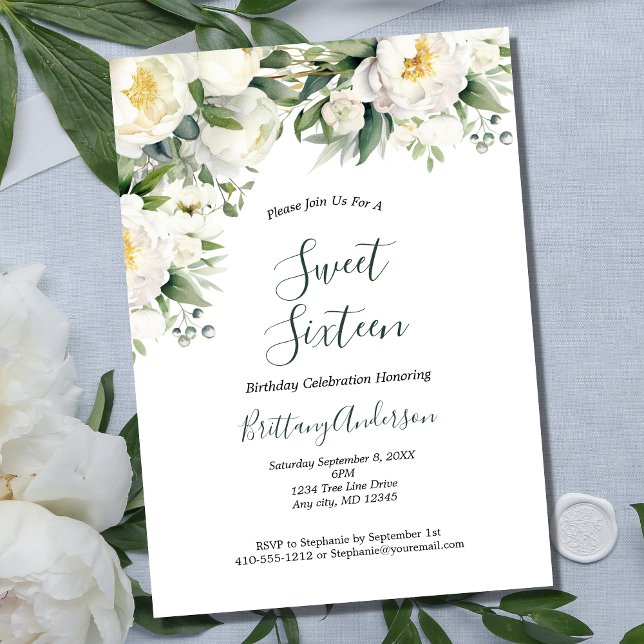 Invitación Verde Floral Blanco Dulce Botánico Dieciséis 16 (White Floral Greenery Formal Sweet Sixteen Birthday Party Invitation)