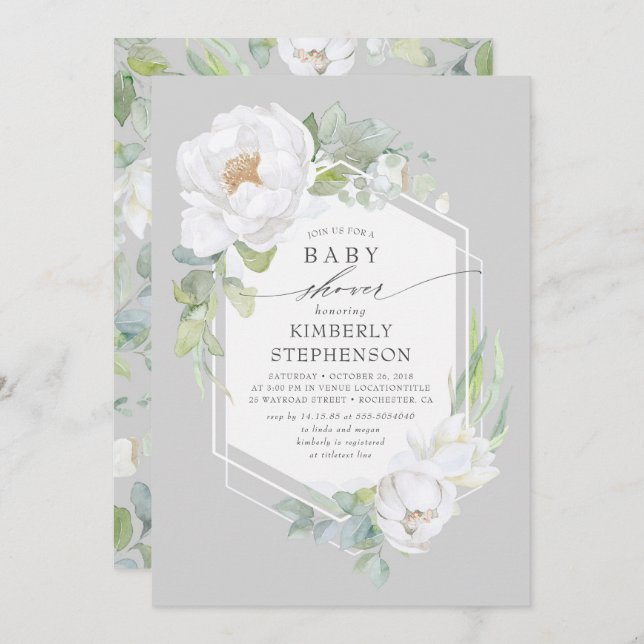 Invitación Verde floral blanco Moderno Baby Shower elegante (Anverso / Reverso)