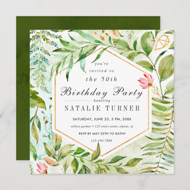 Invitación verde floral de la fiesta de cumpleaños (Anverso / Reverso)