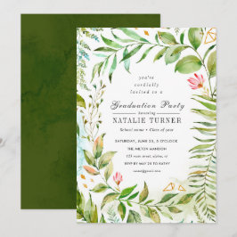 Invitación verde floral de la fiesta de graduación