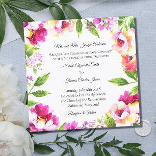 Invitación Verde floral de peones blancos rosados Boda elegan