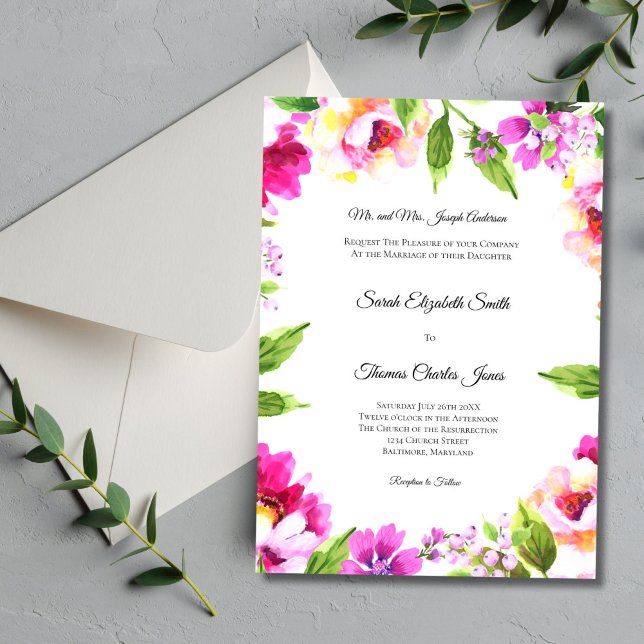 Invitación Verde floral de peones blancos rosados Boda elegan (Pink Green Watercolor Floral Traditional Formal Wedding Invitation. Elegant Church Wedding)