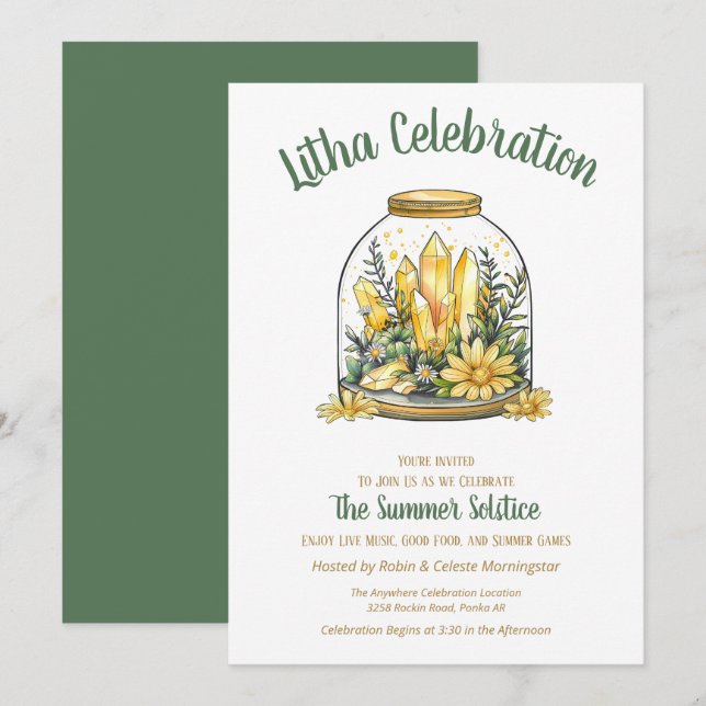 Invitación Verde floral de verano Litha y cristales de citrin (Anverso / Reverso)