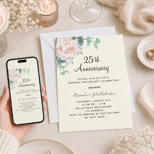 Invitación Verde floral marfil aniversario de bodas de 25 año
