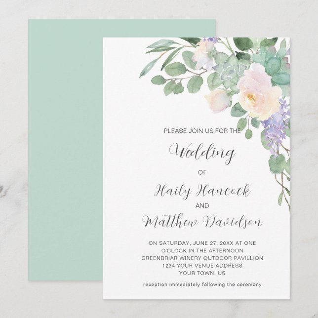 Invitación Verde floral morado blanco Eucalipto Suculentos (Anverso / Reverso)