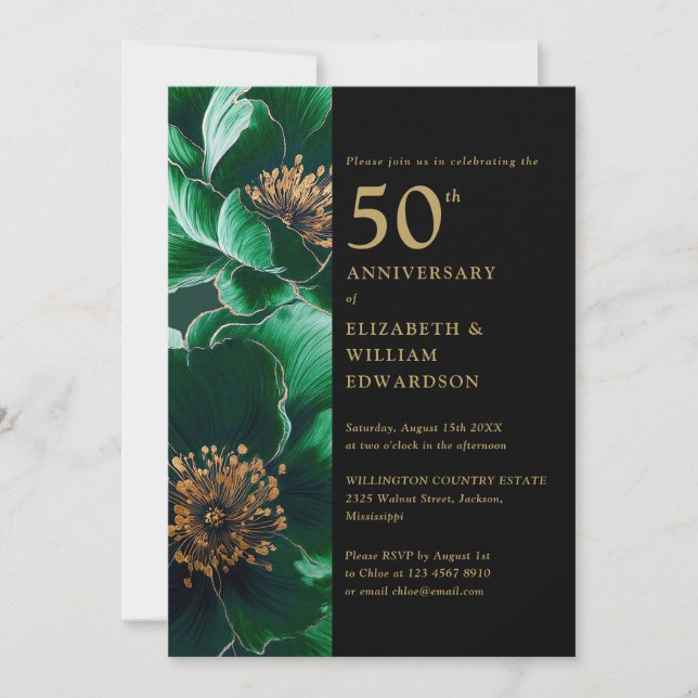 Invitación Verde Floral Negro Y Dorado Chic 50 Aniversario (Anverso)