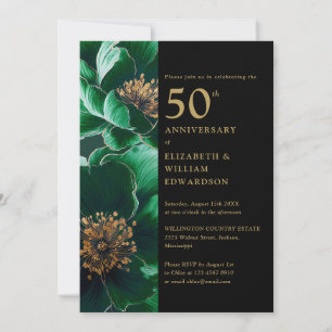 Invitación Verde Floral Negro Y Dorado Chic 50 Aniversario