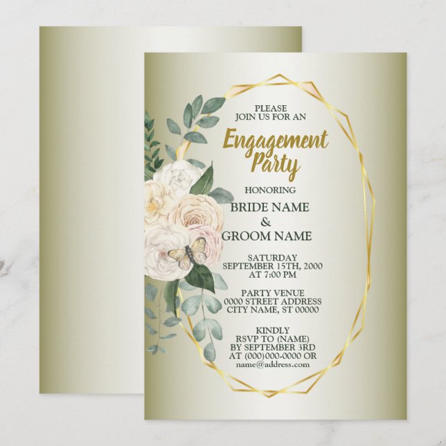 Invitación Verde Floral Oro Geométrico Fiesta de Compromiso (Anverso / Reverso)