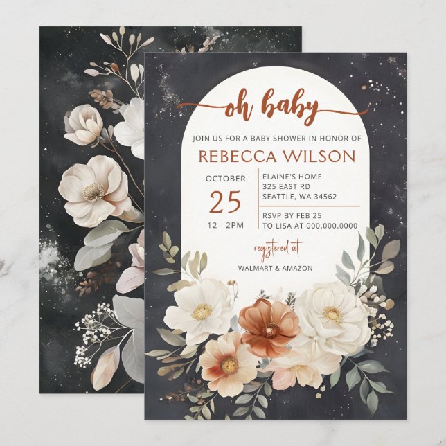Invitación Verde floral oscuro Boho botánico Baby Shower (Anverso / Reverso)