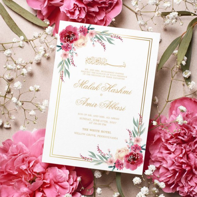 Invitación Verde floral rojo deja marco dorado Boda musulmán (Subido por el creador)