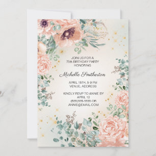 Invitación Verde floral rosa brillo dorado 75 cumpleaños 