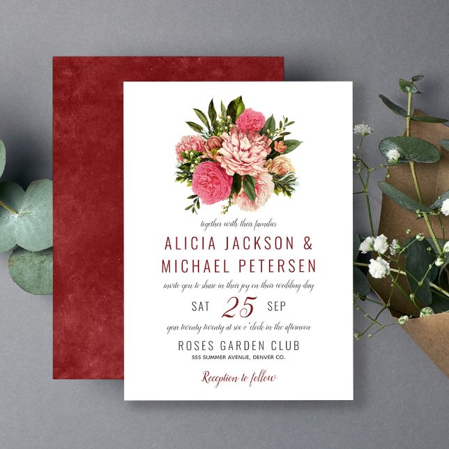 Invitación Verde floral rosa elegante boda rústico de boho (Subido por el creador)