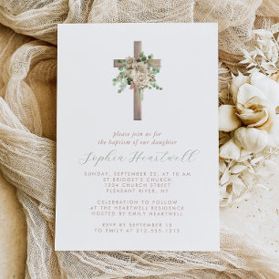 Invitación Verde Floral Rosa Marfil Cruz Dorada Rosa Bautizo 