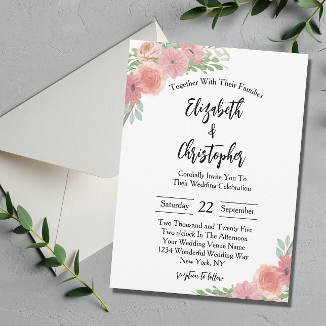 Invitación Verde floral rosa Rubor Elegante Boda moderno (Subido por el creador)