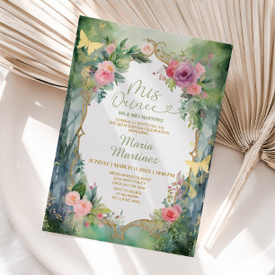 Invitación Verde Floral Rosa Salvia del Bosque 15 Mis Quince 