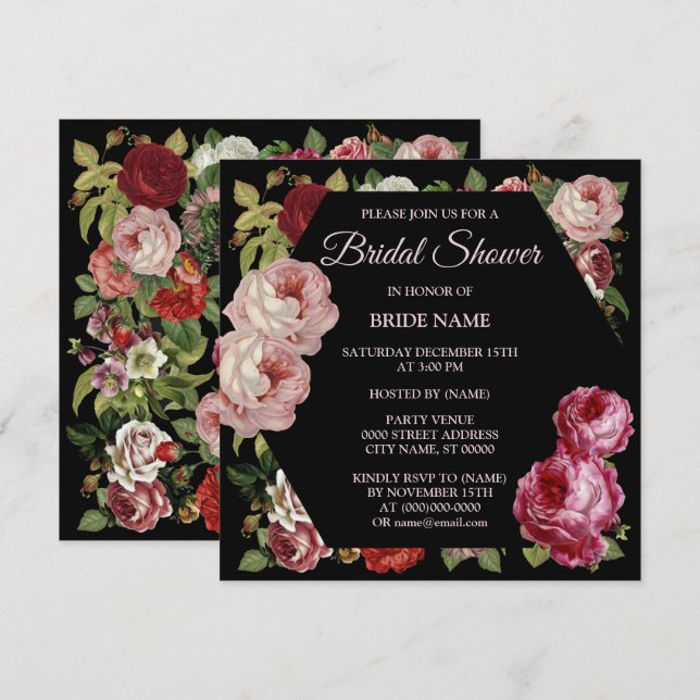 Invitación Verde floral rosado negro Fiesta de ducha de novia (Anverso / Reverso)