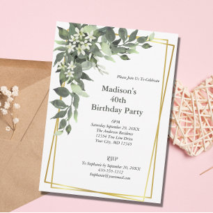 Invitación Verde Flores Blancas Marco Dorado Cumpleaños Elega