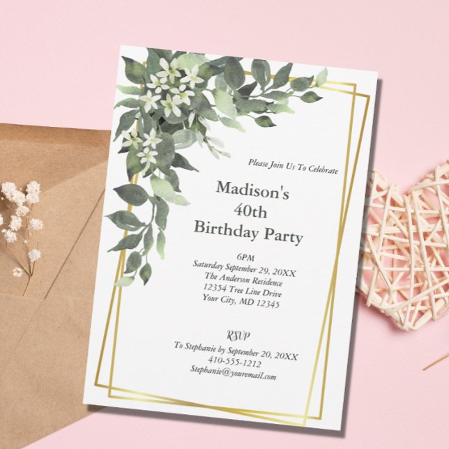 Invitación Verde Flores Blancas Marco Dorado Cumpleaños Elega (Subido por el creador)