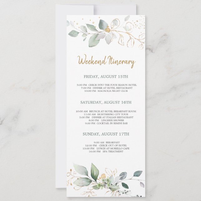 Invitación Verde, follaje dorado Bachelorette Weekend Itinera (Anverso)