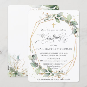 Invitación Verde Follaje Hoja Bautizo Geométrico