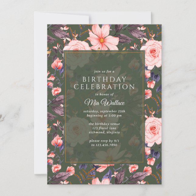 Invitación Verde Forestal + Flora Rosa Rubor | Cumpleaños del (Anverso)