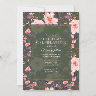 Invitación Verde Forestal + Flora Rosa Rubor Cumpleaños del