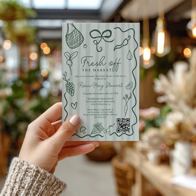 Invitación Verde Fresco Directo del Mercado Dibujado a Mano Q (Green Fresh Off the Market Hand Drawn QR Bridal Invitation)