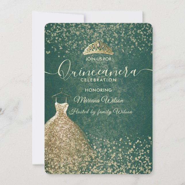 Invitación Verde fresco vestido de lentejuelas doradas tiara  (Anverso)