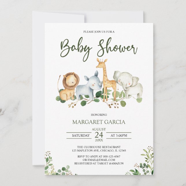 Invitación Verde Género Selva neutral Safari Baby Shower (Anverso)