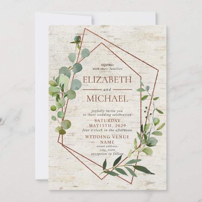 Invitación Verde geométrico de cobre rústico Boda elegante (Anverso)
