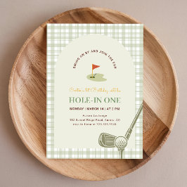 Invitación Verde Gingham Hoyo en Uno Golf para Niños Primer C