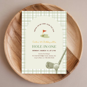 Invitación Verde Gingham Hoyo en Uno Golf para Niños Primer C