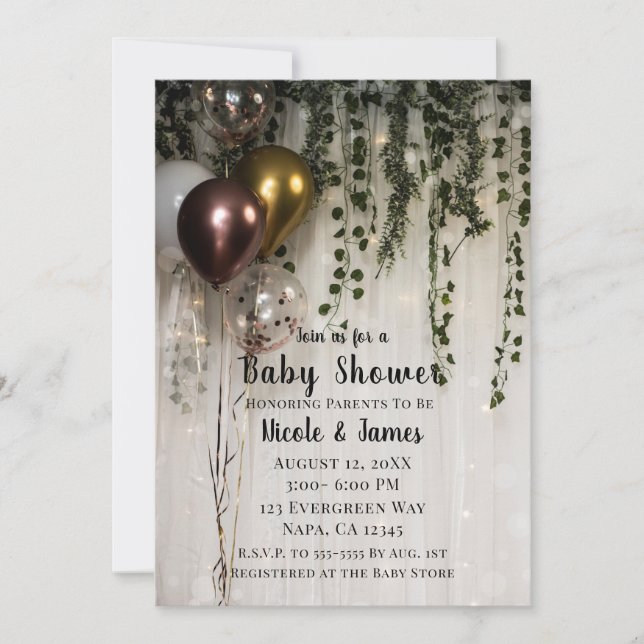 Invitación Verde Hojas Luces Blancas Ducha de Bebé Rústica (Anverso)