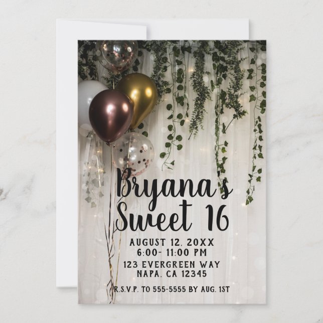 Invitación Verde Hojas Luces Blancas Rústico Dulces 16 (Anverso)