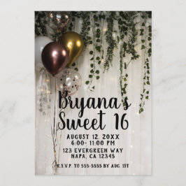 Invitación Verde Hojas Luces Blancas Rústico Dulces 16