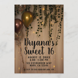 Invitación Verde Hojas Rosa Dorado Luces Rústico Dulces 16