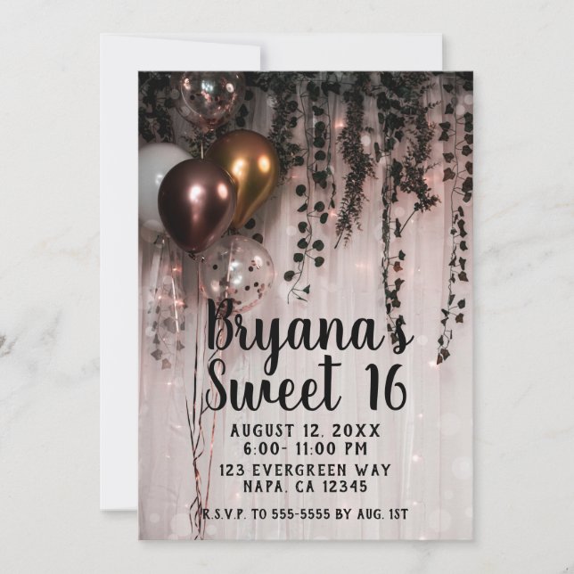 Invitación Verde Hojas Rosa Dorado Luces Rústico Dulces 16 (Anverso)