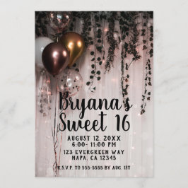 Invitación Verde Hojas Rosa Dorado Luces Rústico Dulces 16
