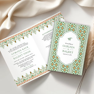 Invitación Verde Ikat Todo en Uno Anand Karaj Boda Sikh