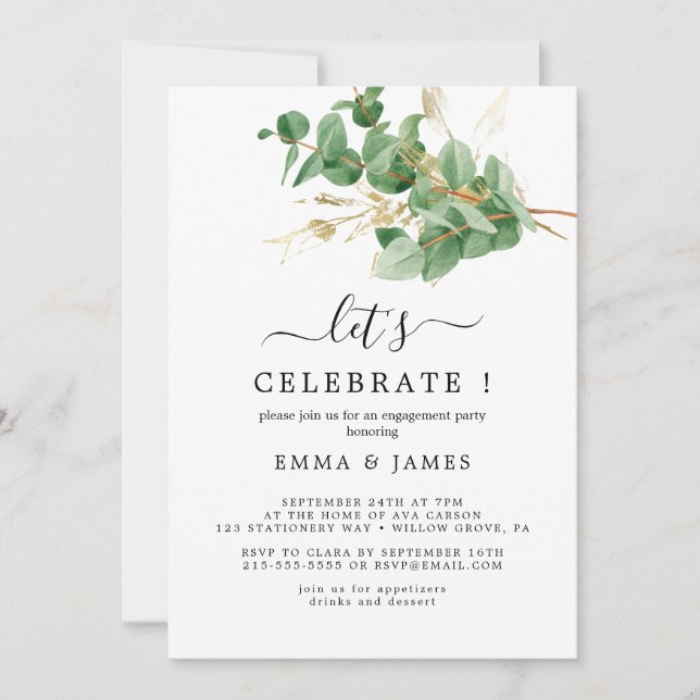 Invitación Verde Ligero y Hoja de Oro "Celebremos"  (Anverso)
