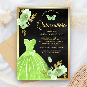 Invitación Verde Lima Floral Mariposa Negra Quinceañera de Or