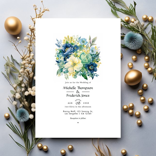 Invitación Verde, marina, azul pálido y Boda floral de oro (Subido por el creador)